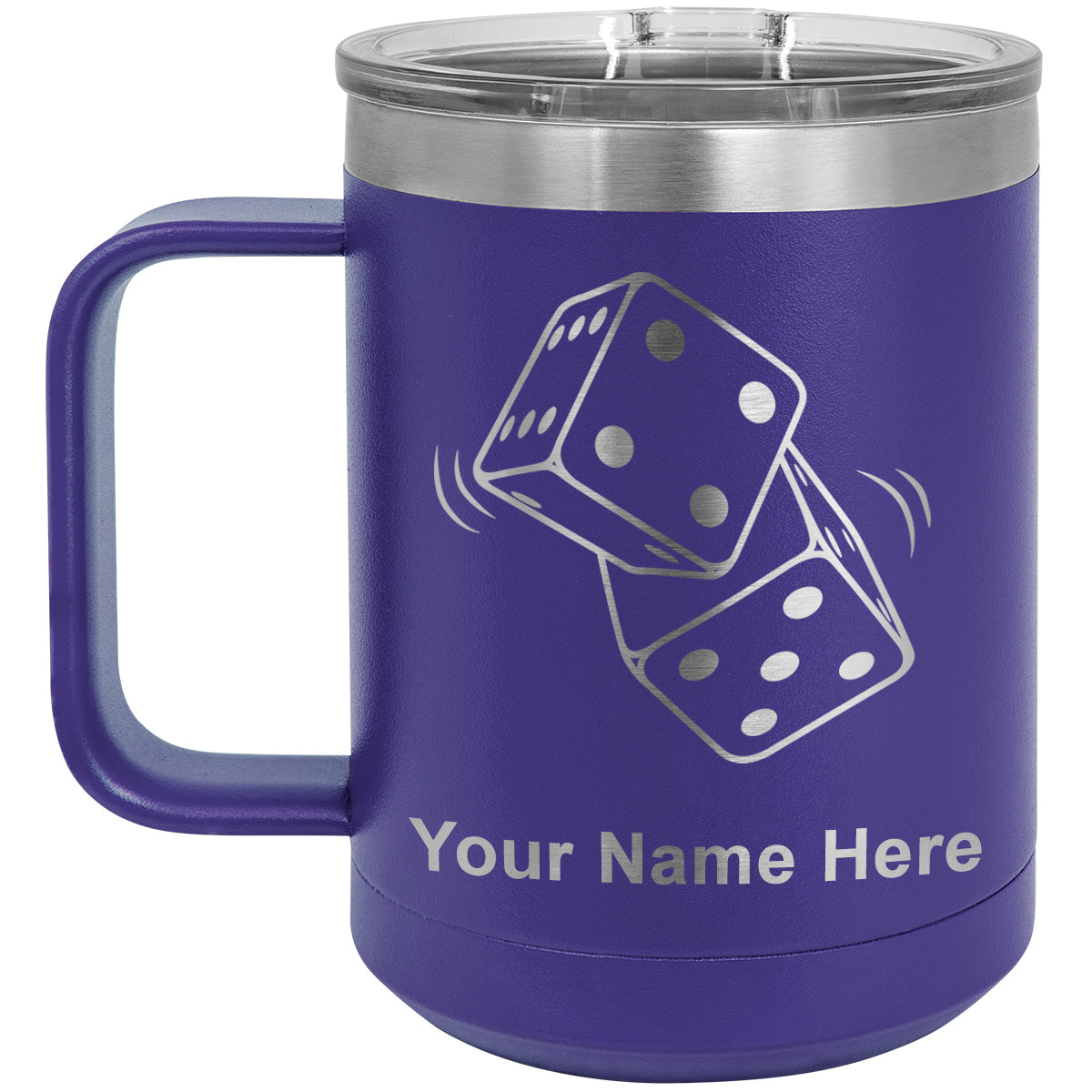 15oz Vacuum Insulated Coffee Mug, Pair of Dice, Personalized Engraving Included