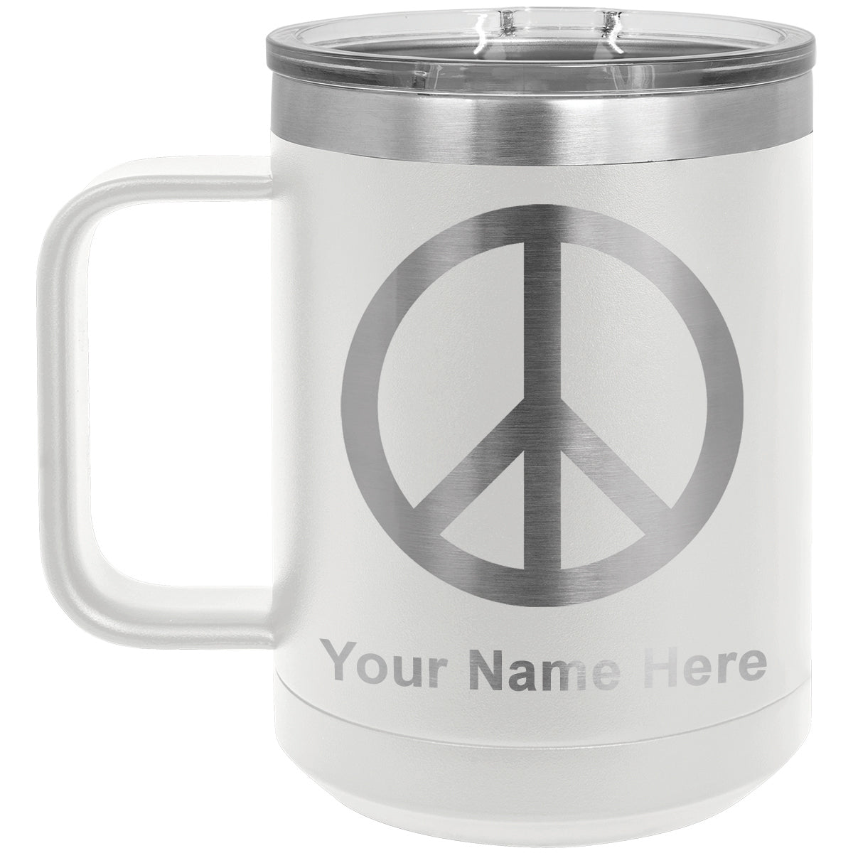 15oz Vacuum Insulated Coffee Mug, Peace Sign, Personalized Engraving Included