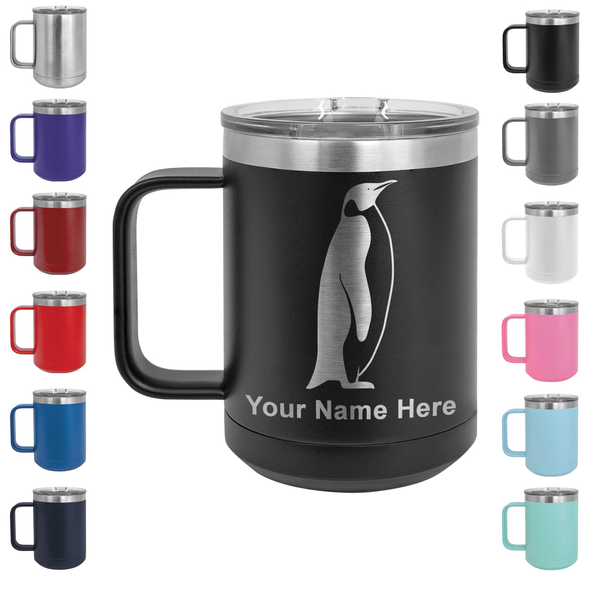 15oz Vacuum Insulated Coffee Mug, Penguin, Personalized Engraving Included