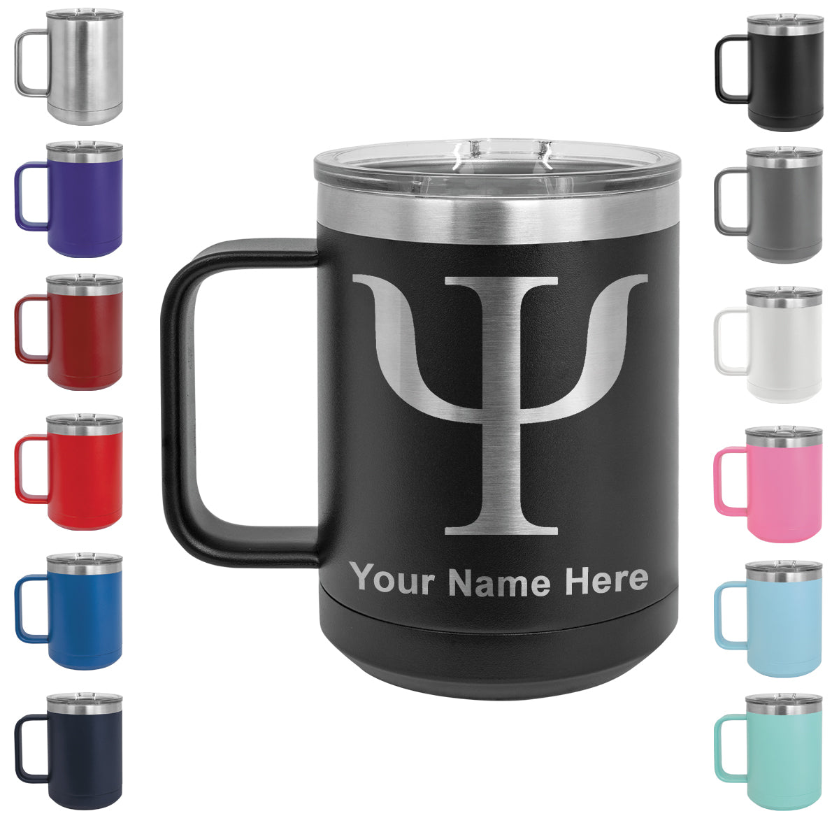 15oz Vacuum Insulated Coffee Mug, Psi Symbol, Personalized Engraving Included