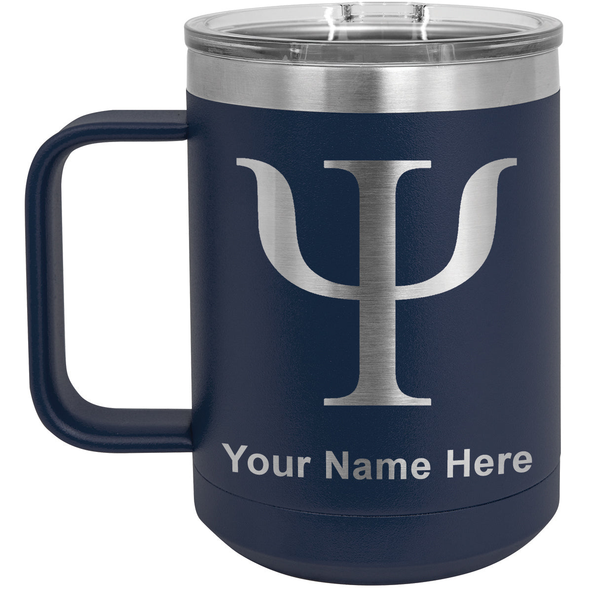 15oz Vacuum Insulated Coffee Mug, Psi Symbol, Personalized Engraving Included