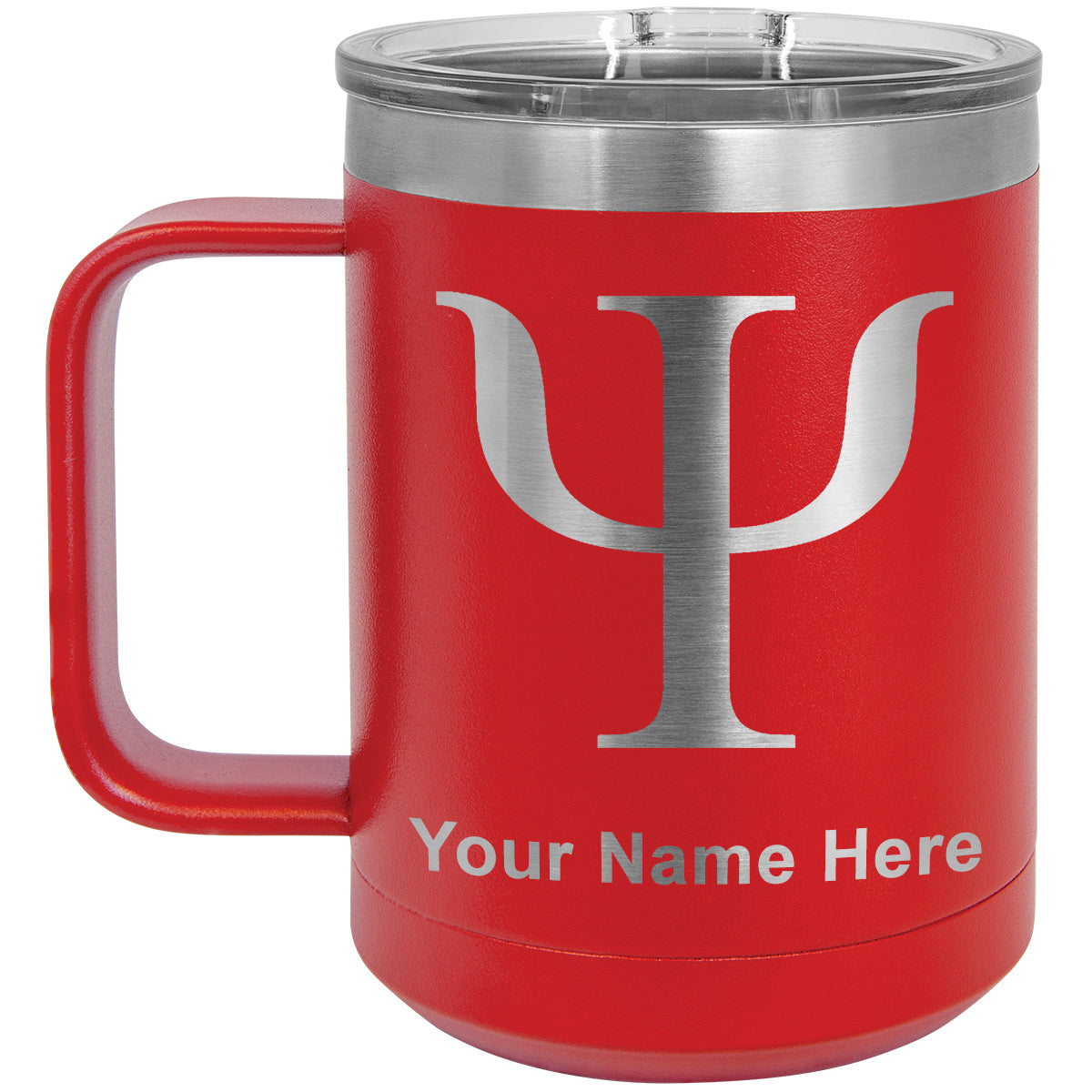 15oz Vacuum Insulated Coffee Mug, Psi Symbol, Personalized Engraving Included