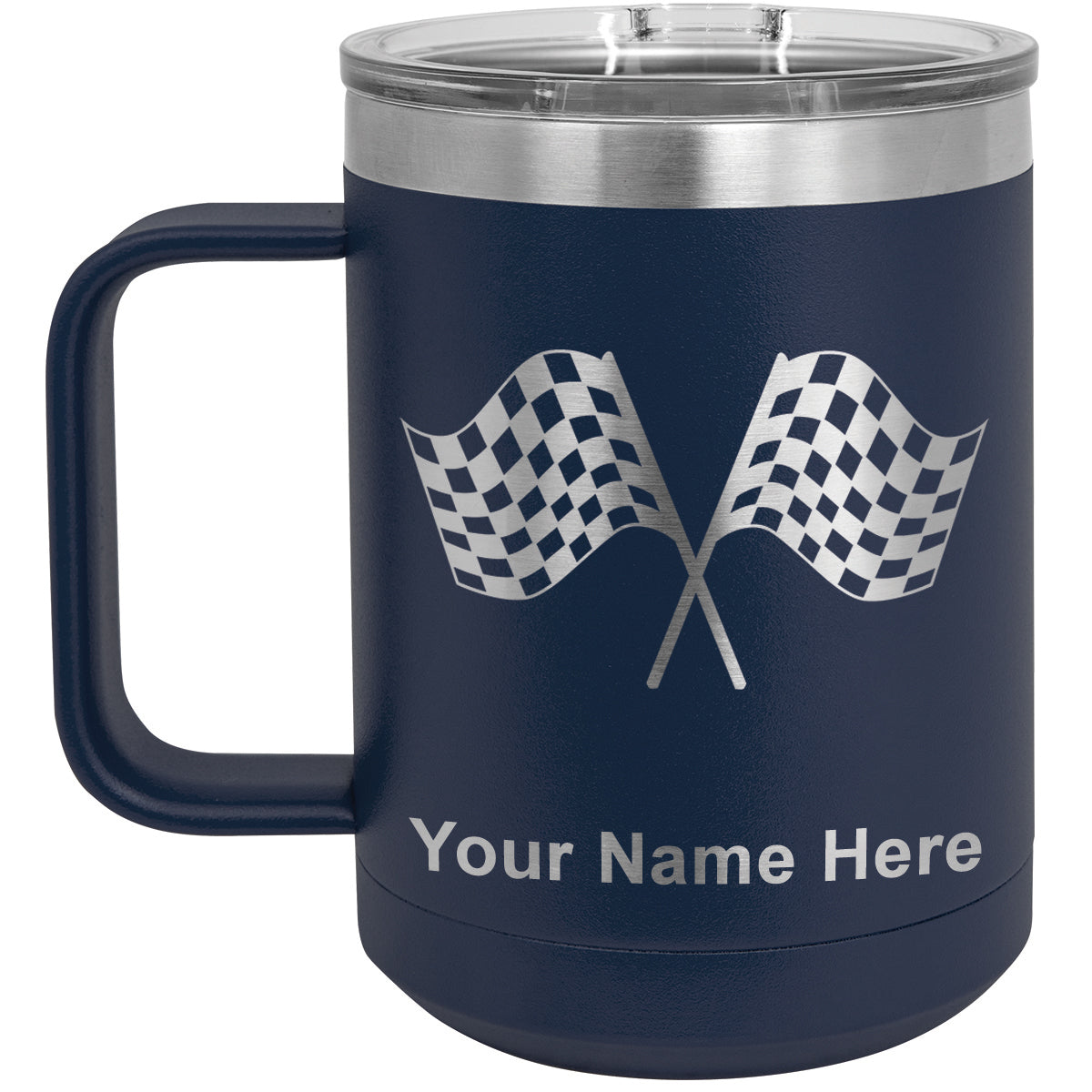 15oz Vacuum Insulated Coffee Mug, Racing Flags, Personalized Engraving Included