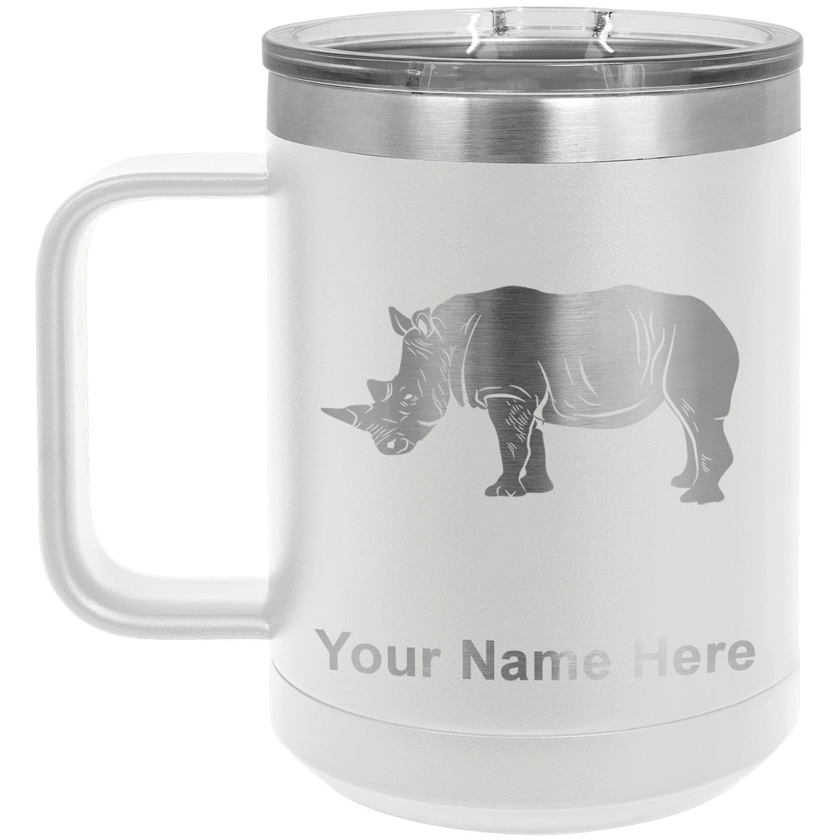 15oz Vacuum Insulated Coffee Mug, Rhinoceros, Personalized Engraving Included