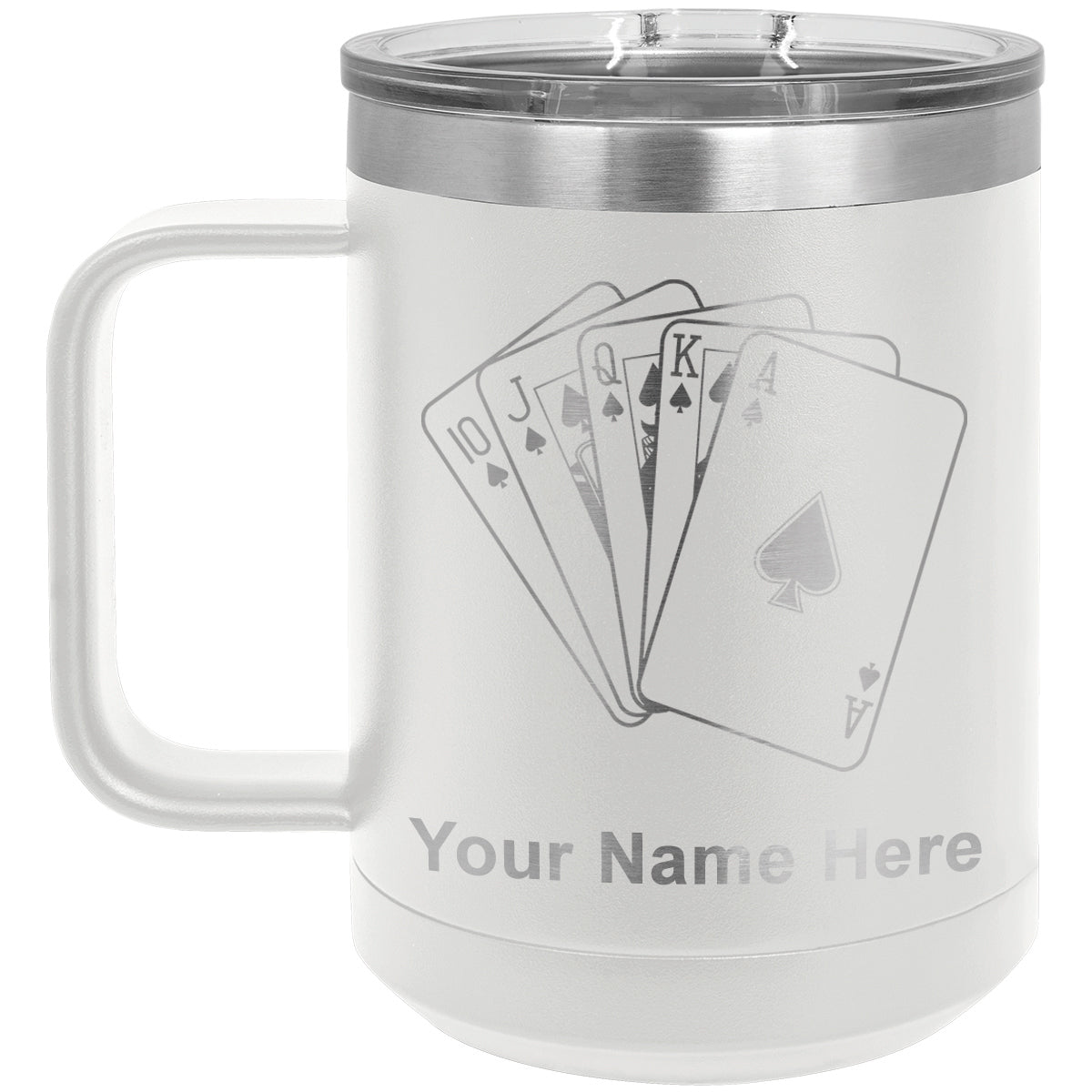 15oz Vacuum Insulated Coffee Mug, Royal Flush Poker Cards, Personalized Engraving Included