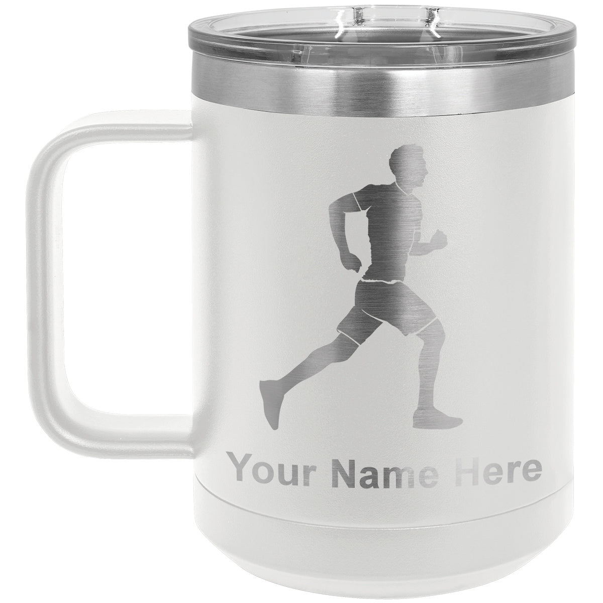 15oz Vacuum Insulated Coffee Mug, Running Man, Personalized Engraving Included