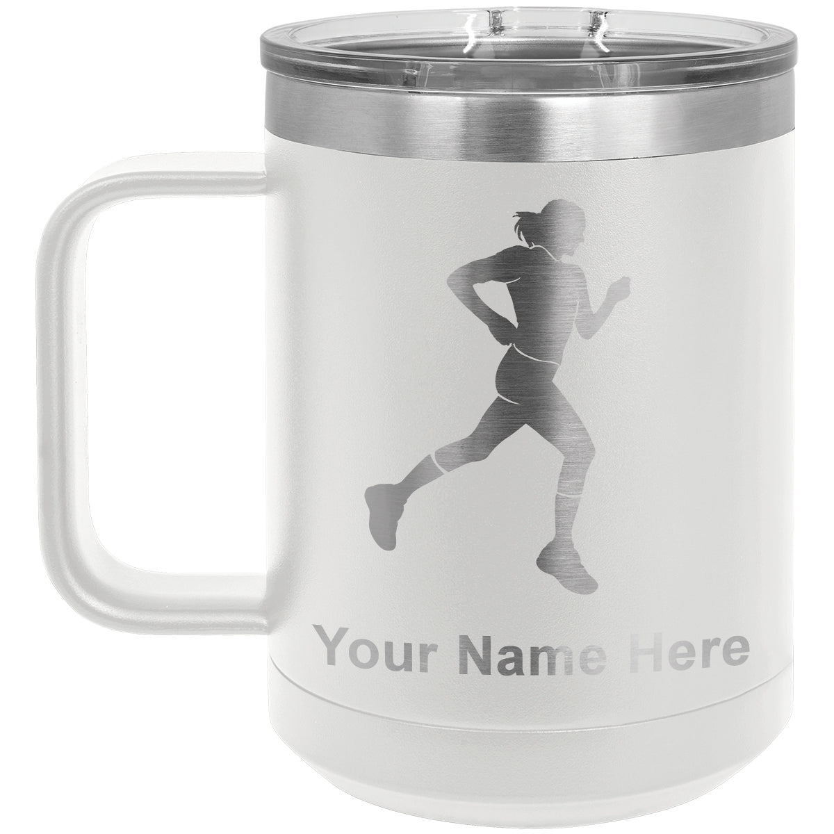 15oz Vacuum Insulated Coffee Mug, Running Woman, Personalized Engraving Included