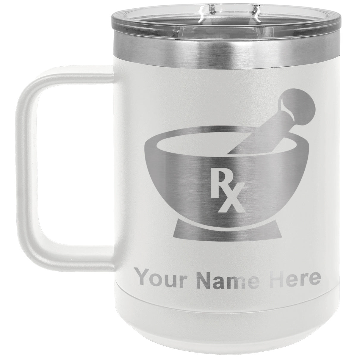 15oz Vacuum Insulated Coffee Mug, Rx Pharmacy Symbol, Personalized Engraving Included