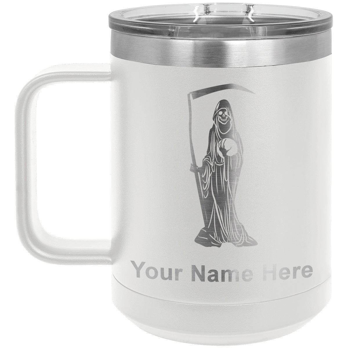 15oz Vacuum Insulated Coffee Mug, Santa Muerte, Personalized Engraving Included