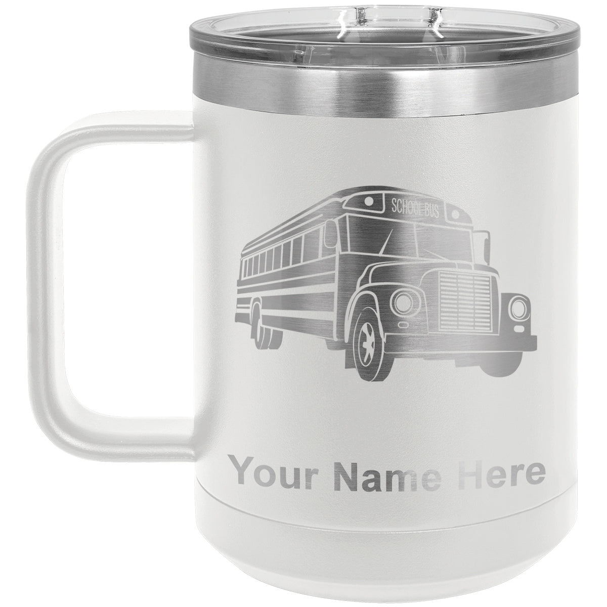 15oz Vacuum Insulated Coffee Mug, School Bus, Personalized Engraving Included