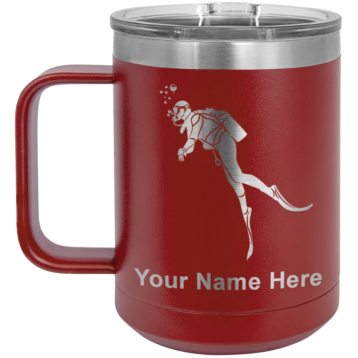 15oz Vacuum Insulated Coffee Mug, Scuba Diver, Personalized Engraving Included