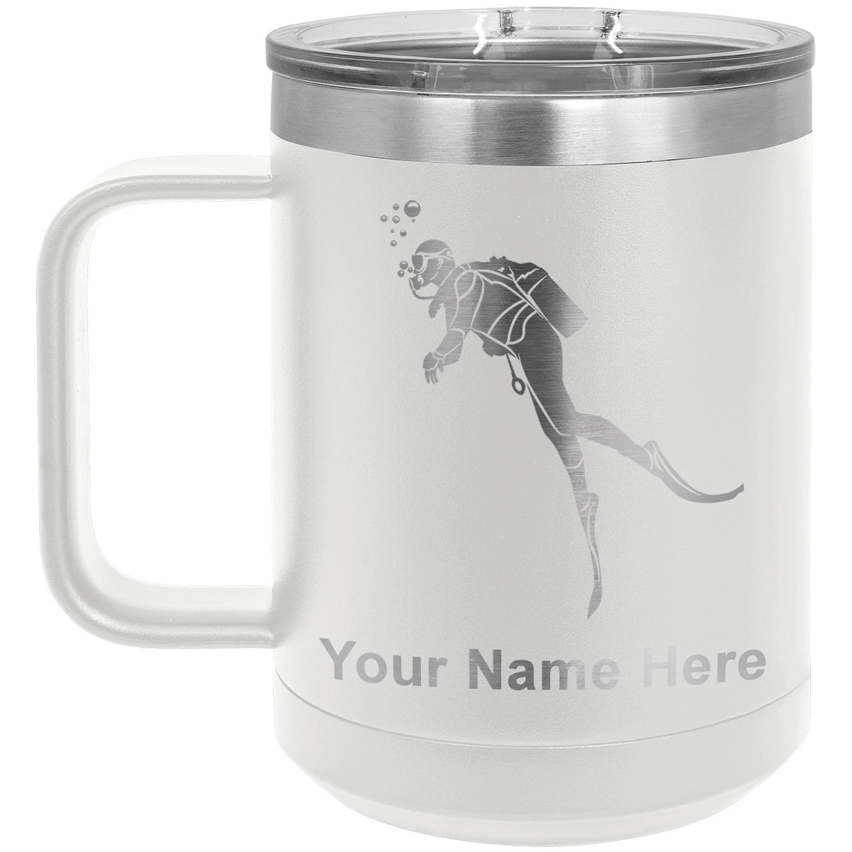 15oz Vacuum Insulated Coffee Mug, Scuba Diver, Personalized Engraving Included