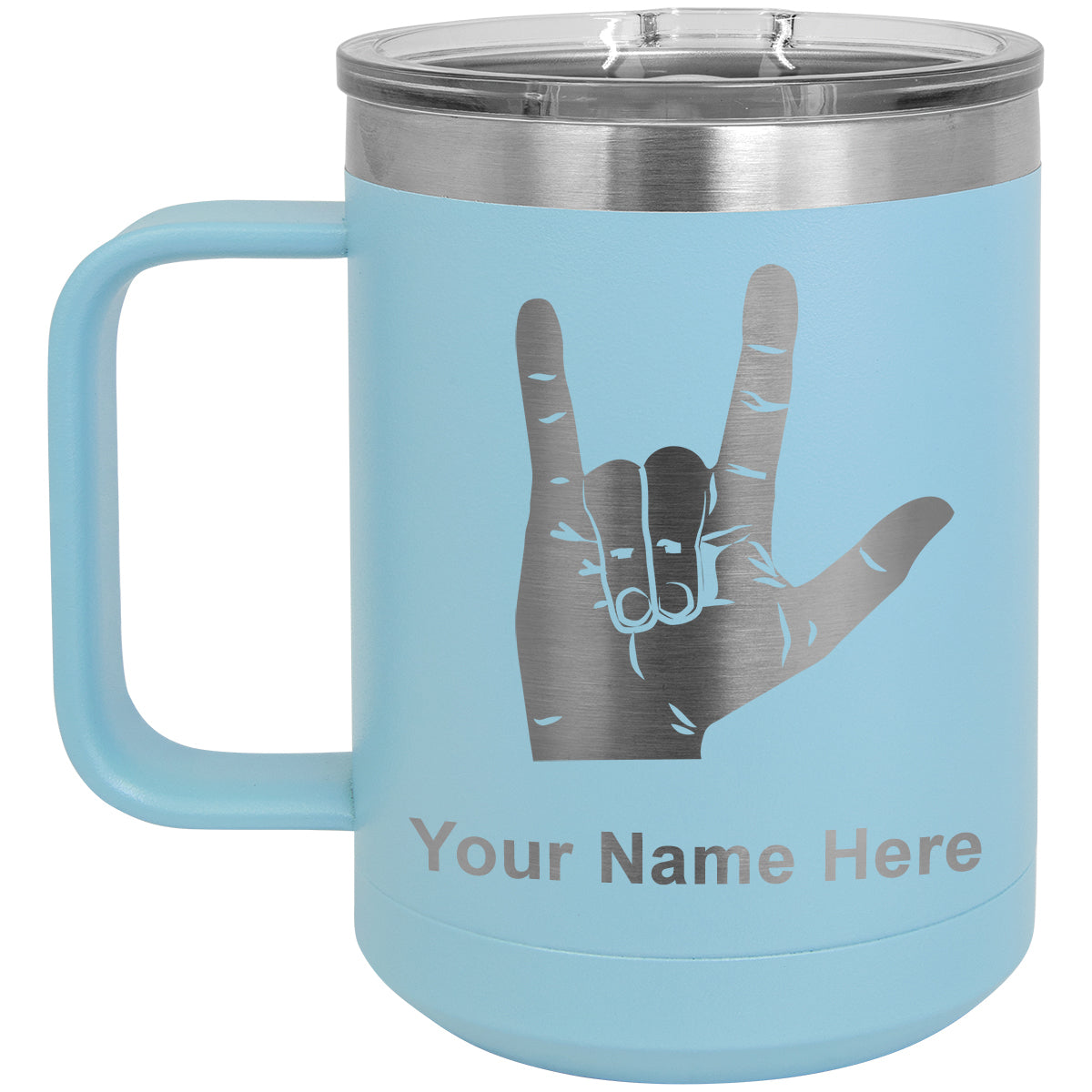 15oz Vacuum Insulated Coffee Mug, Sign Language I Love You, Personalized Engraving Included
