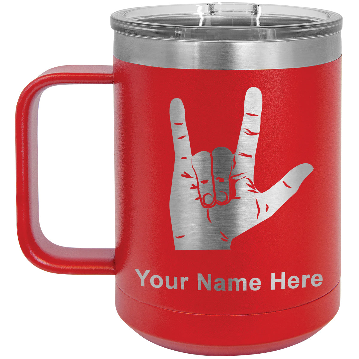 15oz Vacuum Insulated Coffee Mug, Sign Language I Love You, Personalized Engraving Included