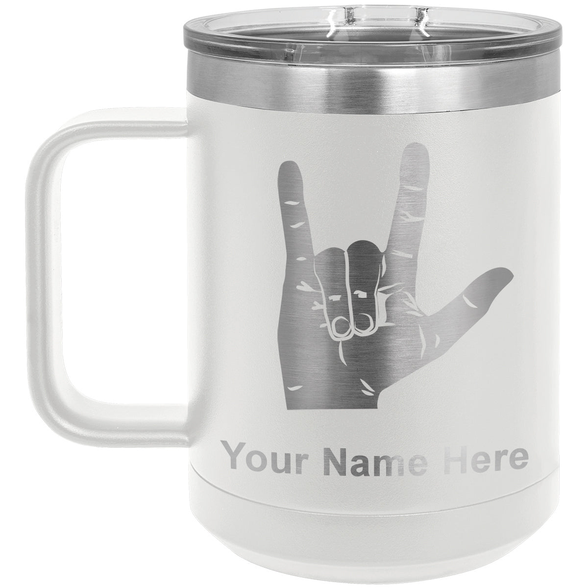 15oz Vacuum Insulated Coffee Mug, Sign Language I Love You, Personalized Engraving Included
