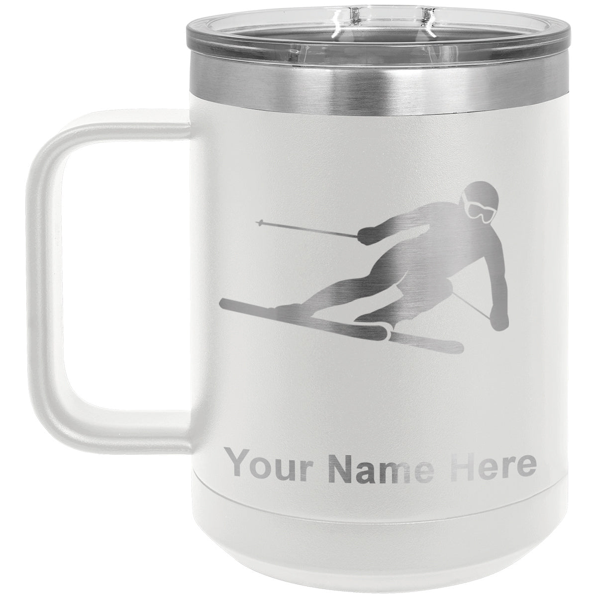 15oz Vacuum Insulated Coffee Mug, Skier Downhill, Personalized Engraving Included
