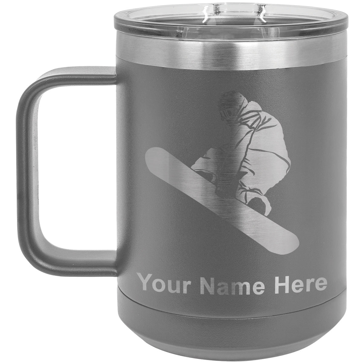 15oz Vacuum Insulated Coffee Mug, Snowboarder Man, Personalized Engraving Included