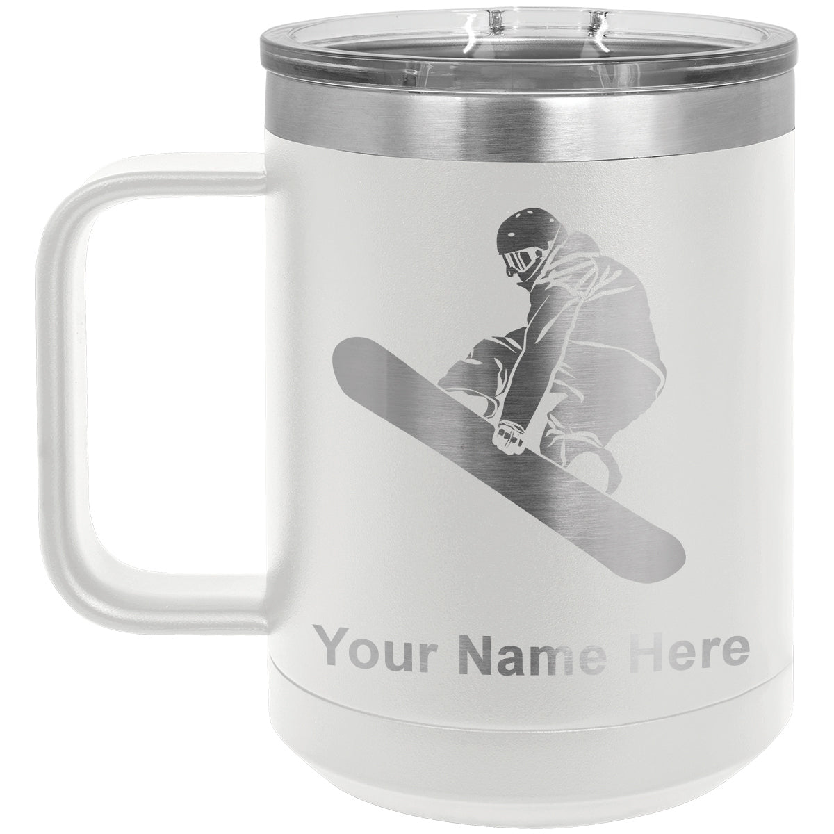 15oz Vacuum Insulated Coffee Mug, Snowboarder Man, Personalized Engraving Included