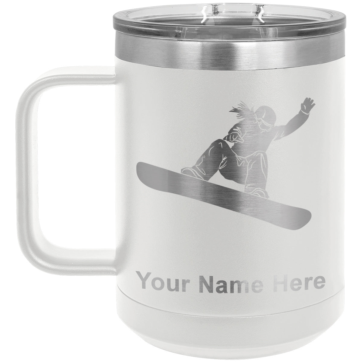 15oz Vacuum Insulated Coffee Mug, Snowboarder Woman, Personalized Engraving Included