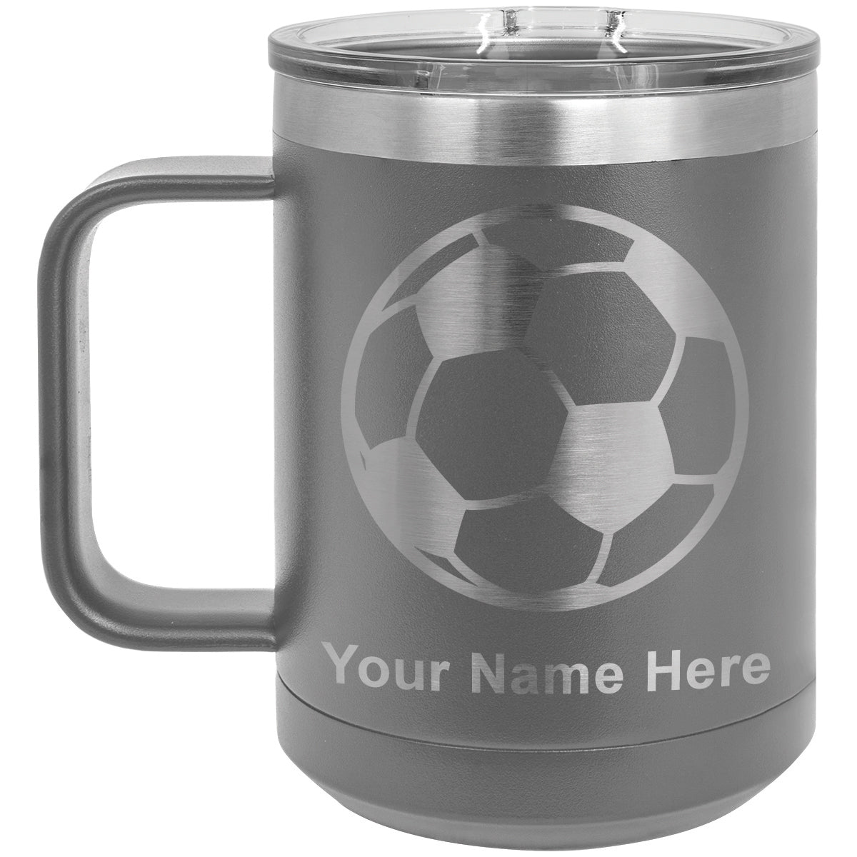 15oz Vacuum Insulated Coffee Mug, Soccer Ball, Personalized Engraving Included