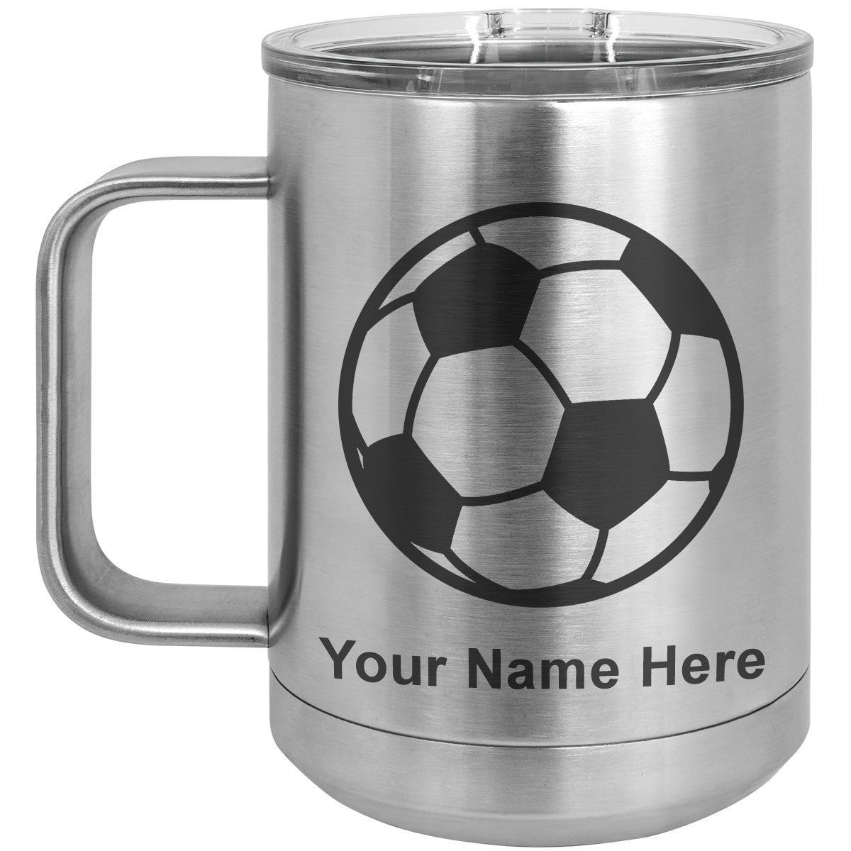 15oz Vacuum Insulated Coffee Mug, Soccer Ball, Personalized Engraving Included