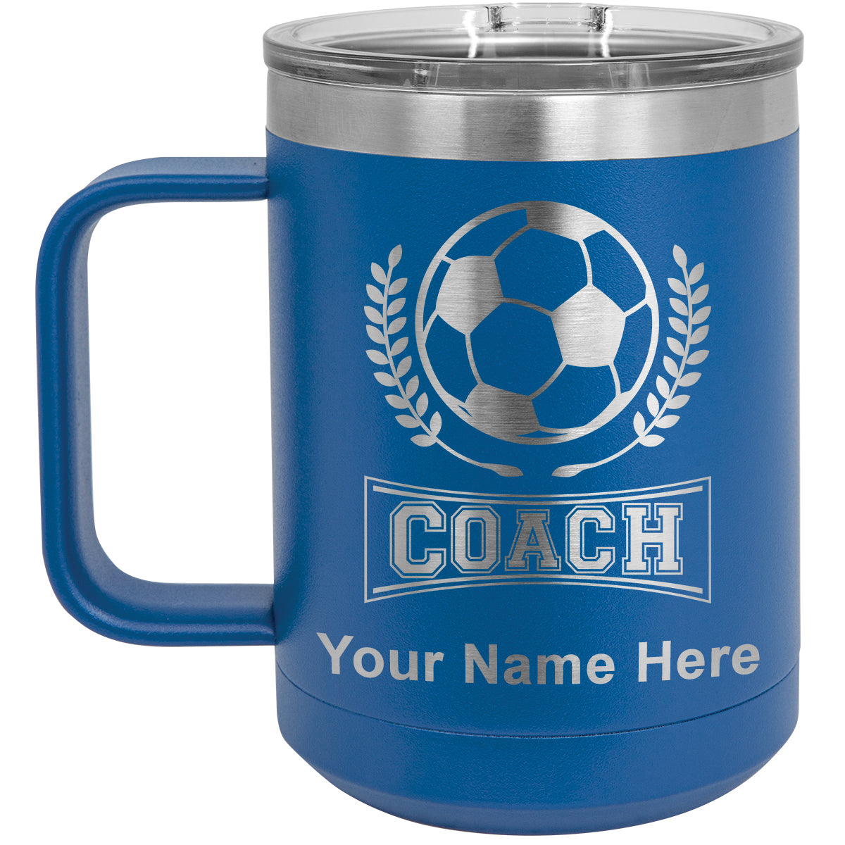 15oz Vacuum Insulated Coffee Mug, Soccer Coach, Personalized Engraving Included