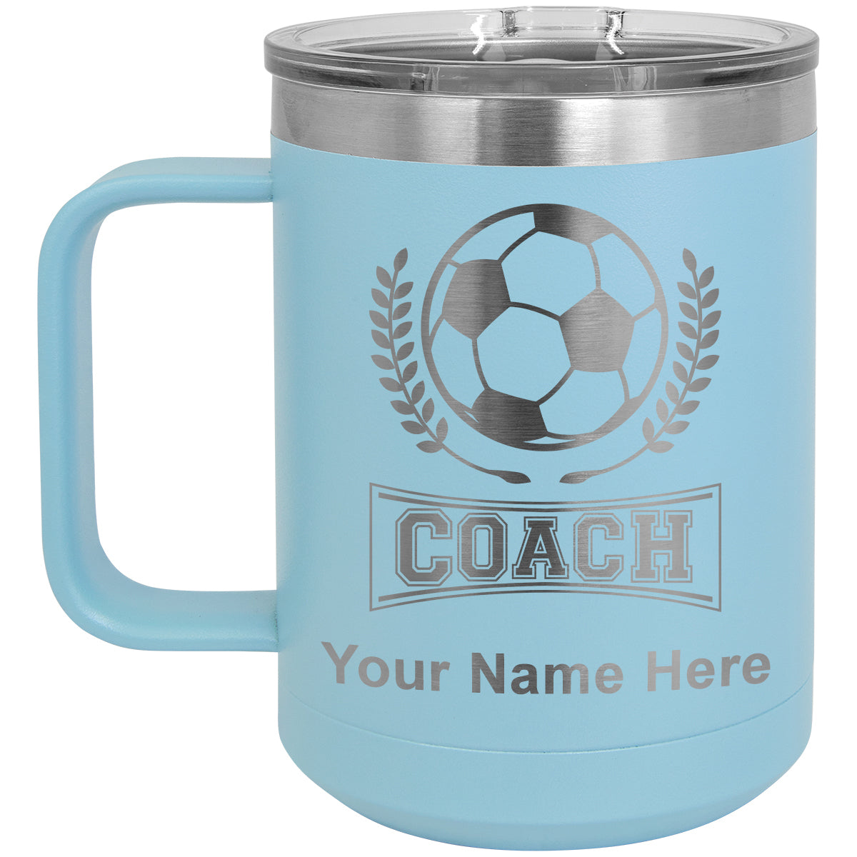 15oz Vacuum Insulated Coffee Mug, Soccer Coach, Personalized Engraving Included