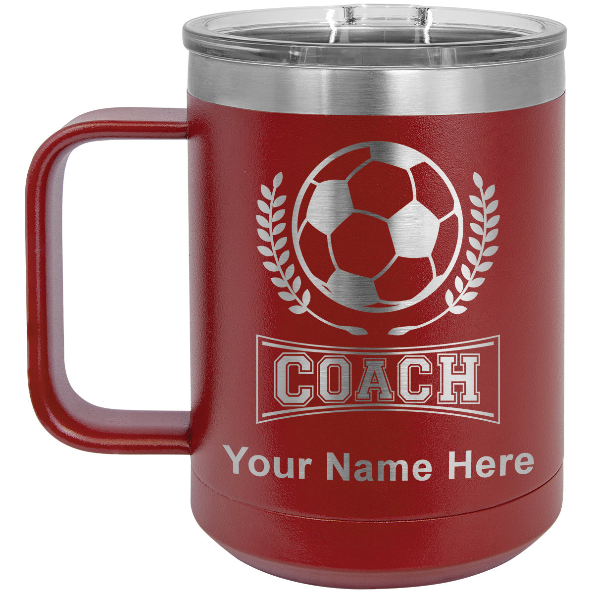 15oz Vacuum Insulated Coffee Mug, Soccer Coach, Personalized Engraving Included