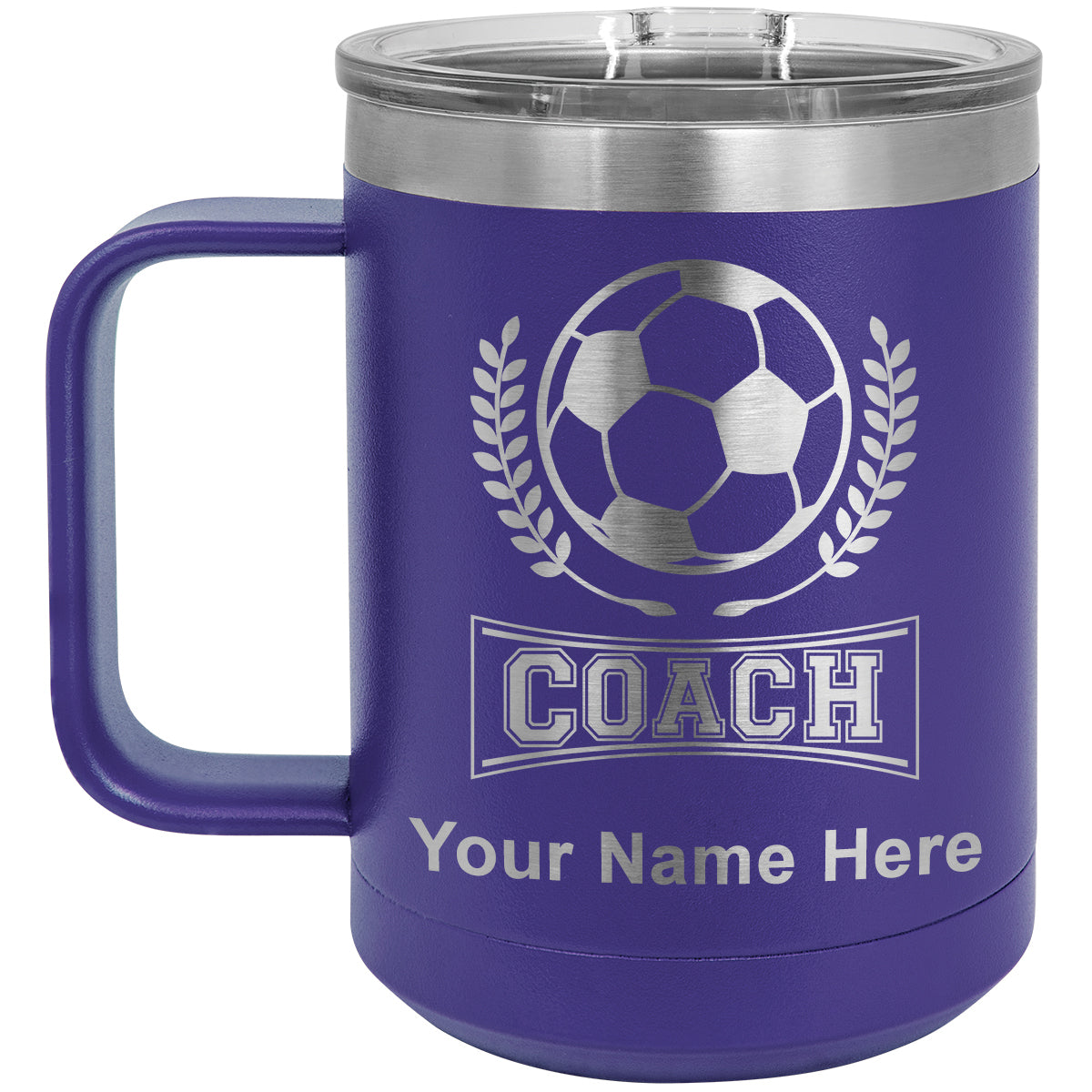 15oz Vacuum Insulated Coffee Mug, Soccer Coach, Personalized Engraving Included