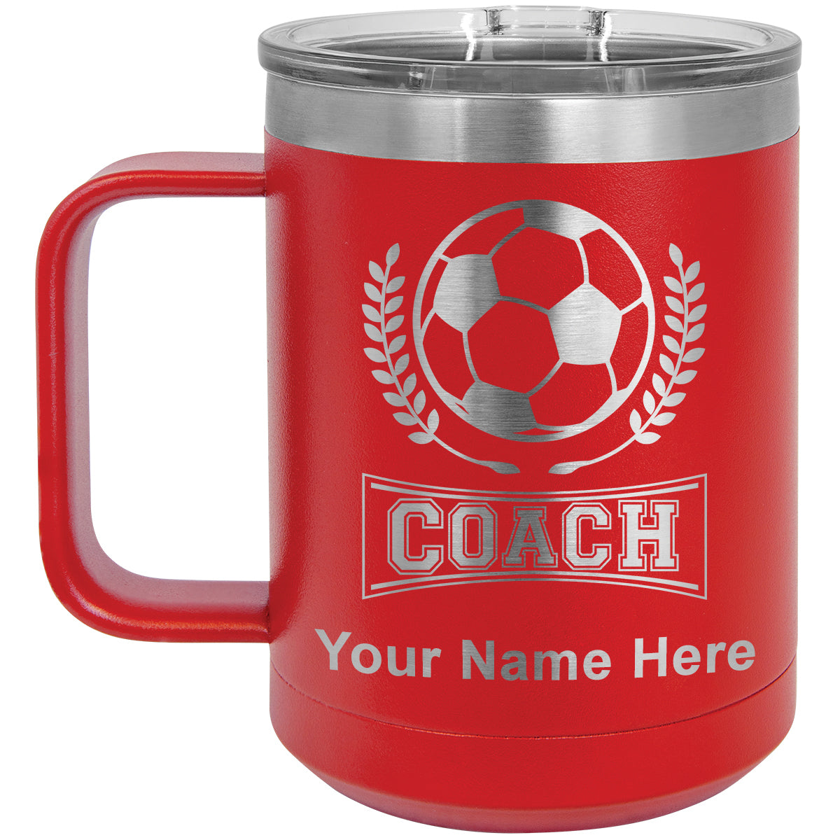 15oz Vacuum Insulated Coffee Mug, Soccer Coach, Personalized Engraving Included