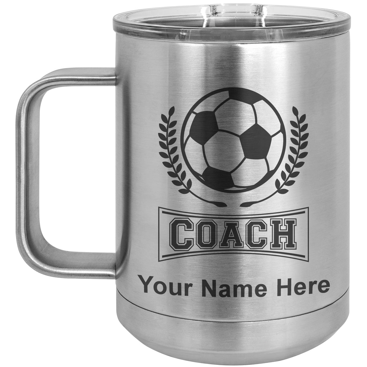 15oz Vacuum Insulated Coffee Mug, Soccer Coach, Personalized Engraving Included