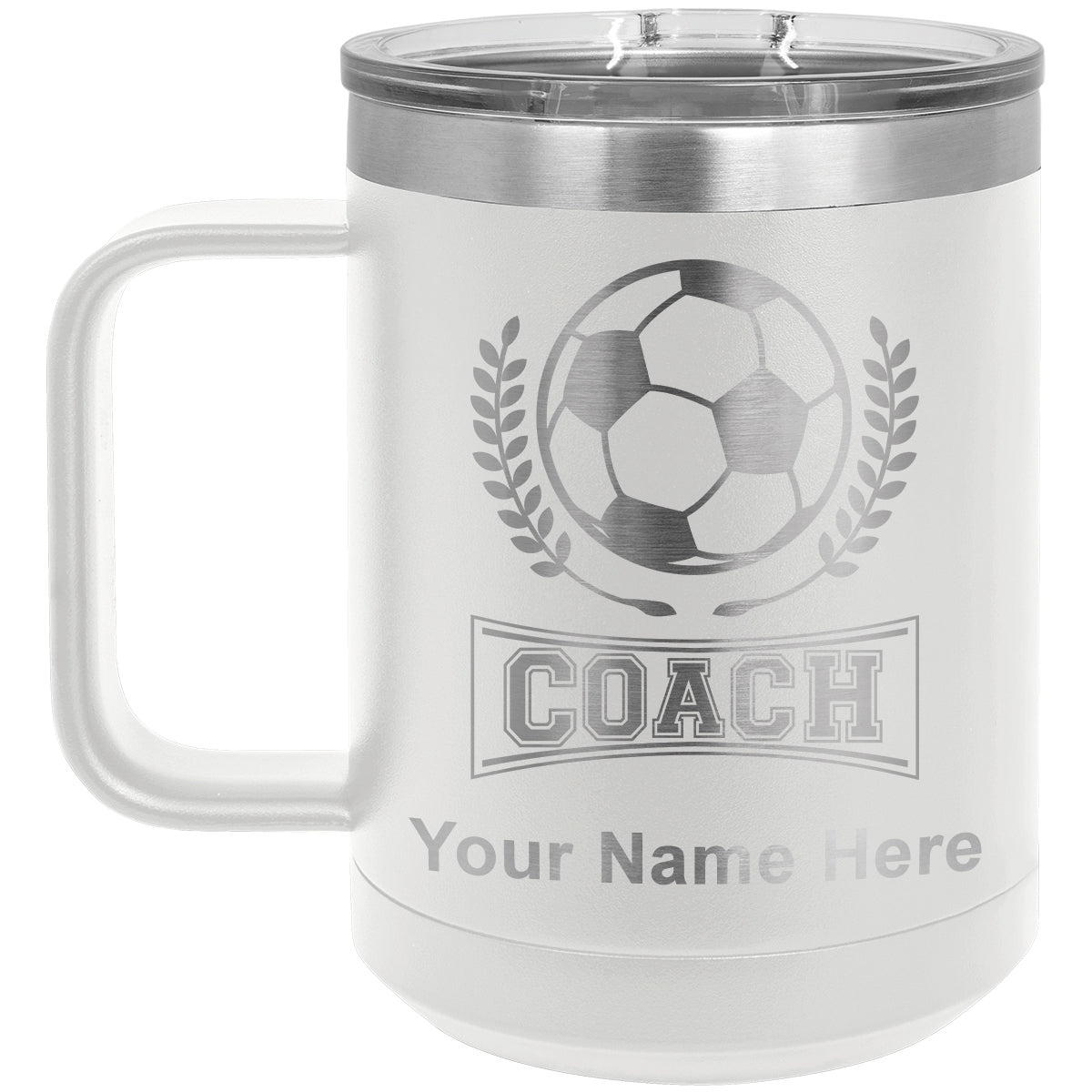 15oz Vacuum Insulated Coffee Mug, Soccer Coach, Personalized Engraving Included