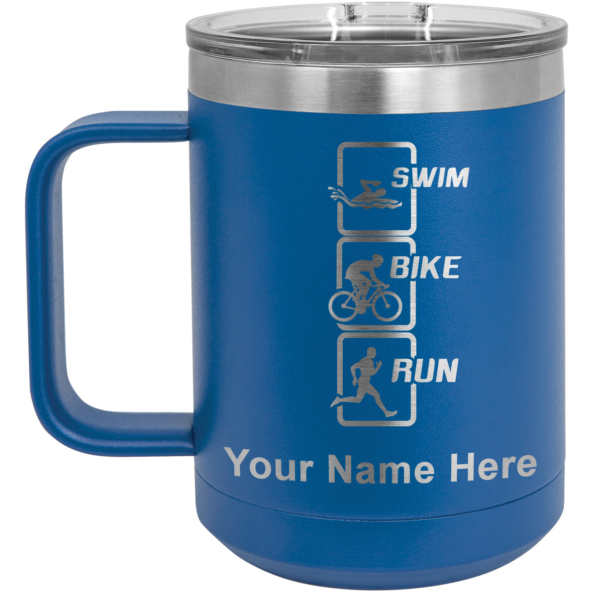 15oz Vacuum Insulated Coffee Mug, Swim Bike Run Vertical, Personalized Engraving Included