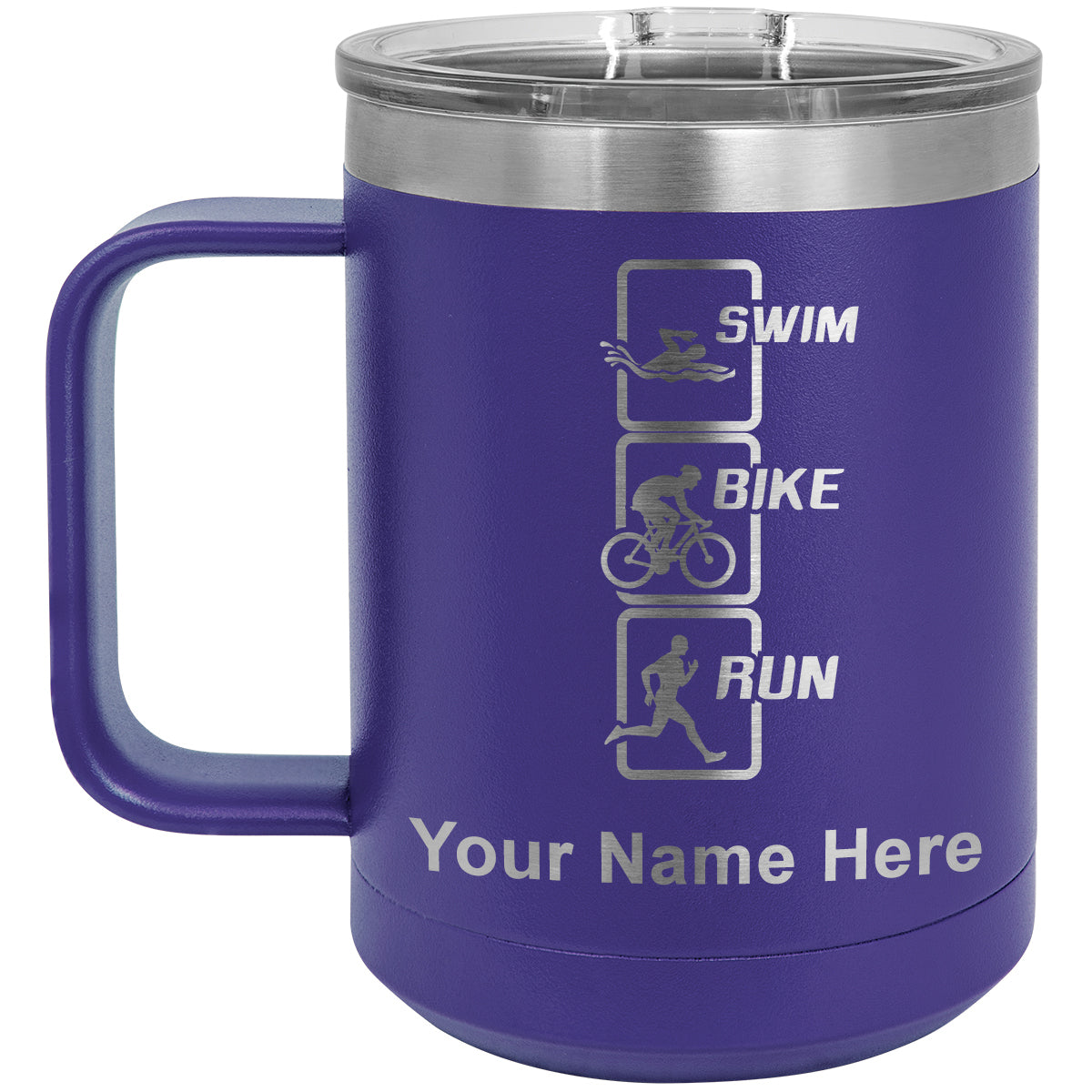 15oz Vacuum Insulated Coffee Mug, Swim Bike Run Vertical, Personalized Engraving Included