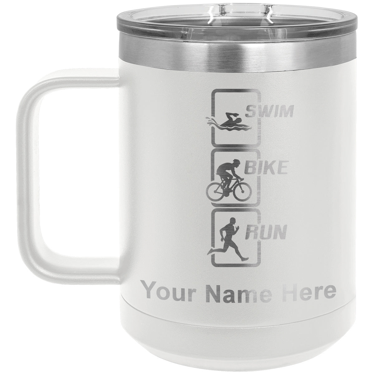 15oz Vacuum Insulated Coffee Mug, Swim Bike Run Vertical, Personalized Engraving Included