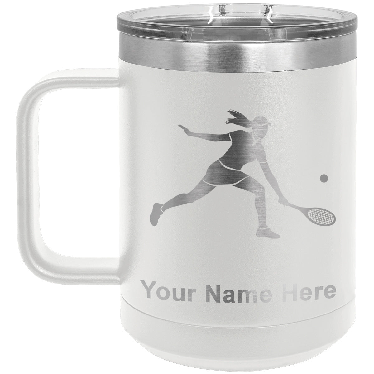 15oz Vacuum Insulated Coffee Mug, Tennis Player Woman, Personalized Engraving Included