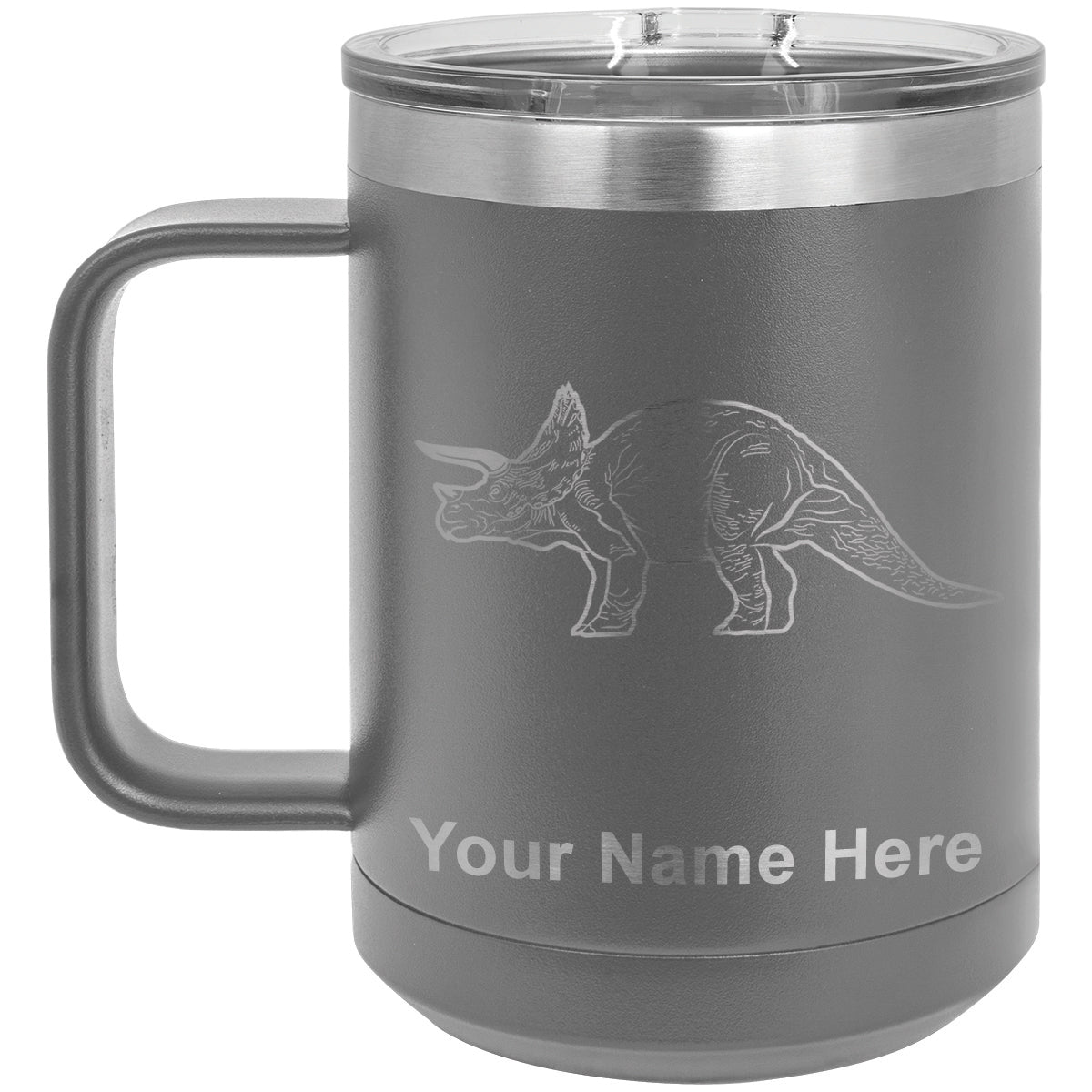 15oz Vacuum Insulated Coffee Mug, Triceratops Dinosaur, Personalized Engraving Included