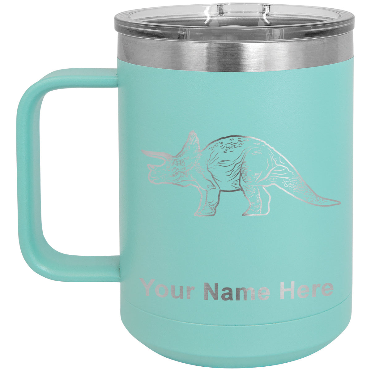 15oz Vacuum Insulated Coffee Mug, Triceratops Dinosaur, Personalized Engraving Included