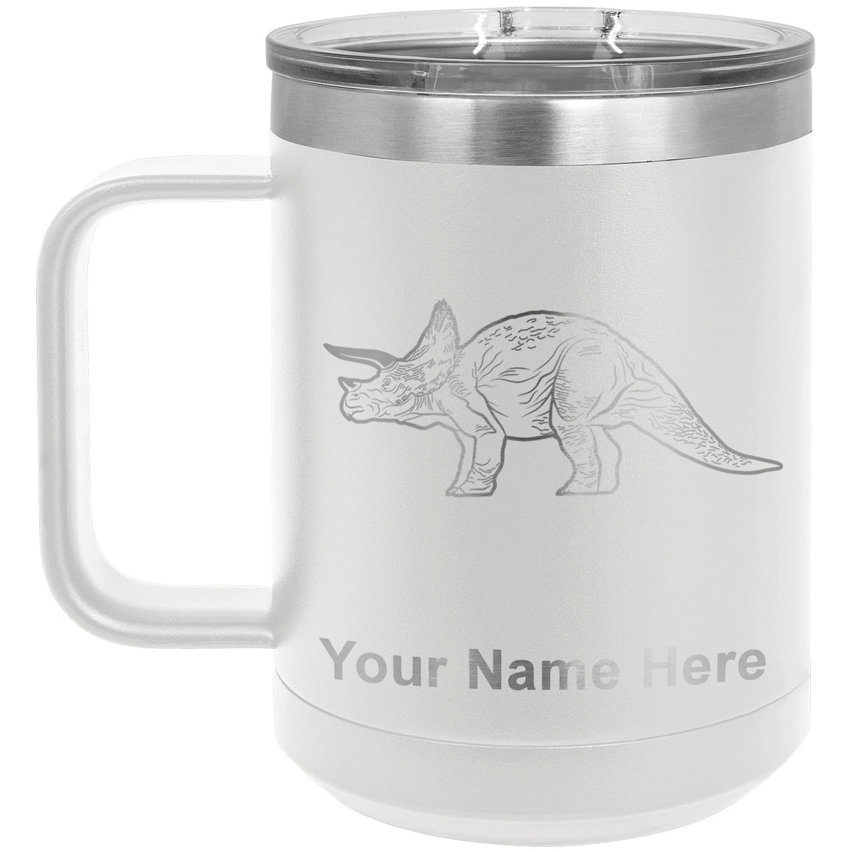 15oz Vacuum Insulated Coffee Mug, Triceratops Dinosaur, Personalized Engraving Included