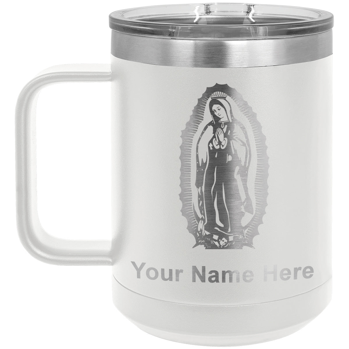 15oz Vacuum Insulated Coffee Mug, Virgen de Guadalupe, Personalized Engraving Included