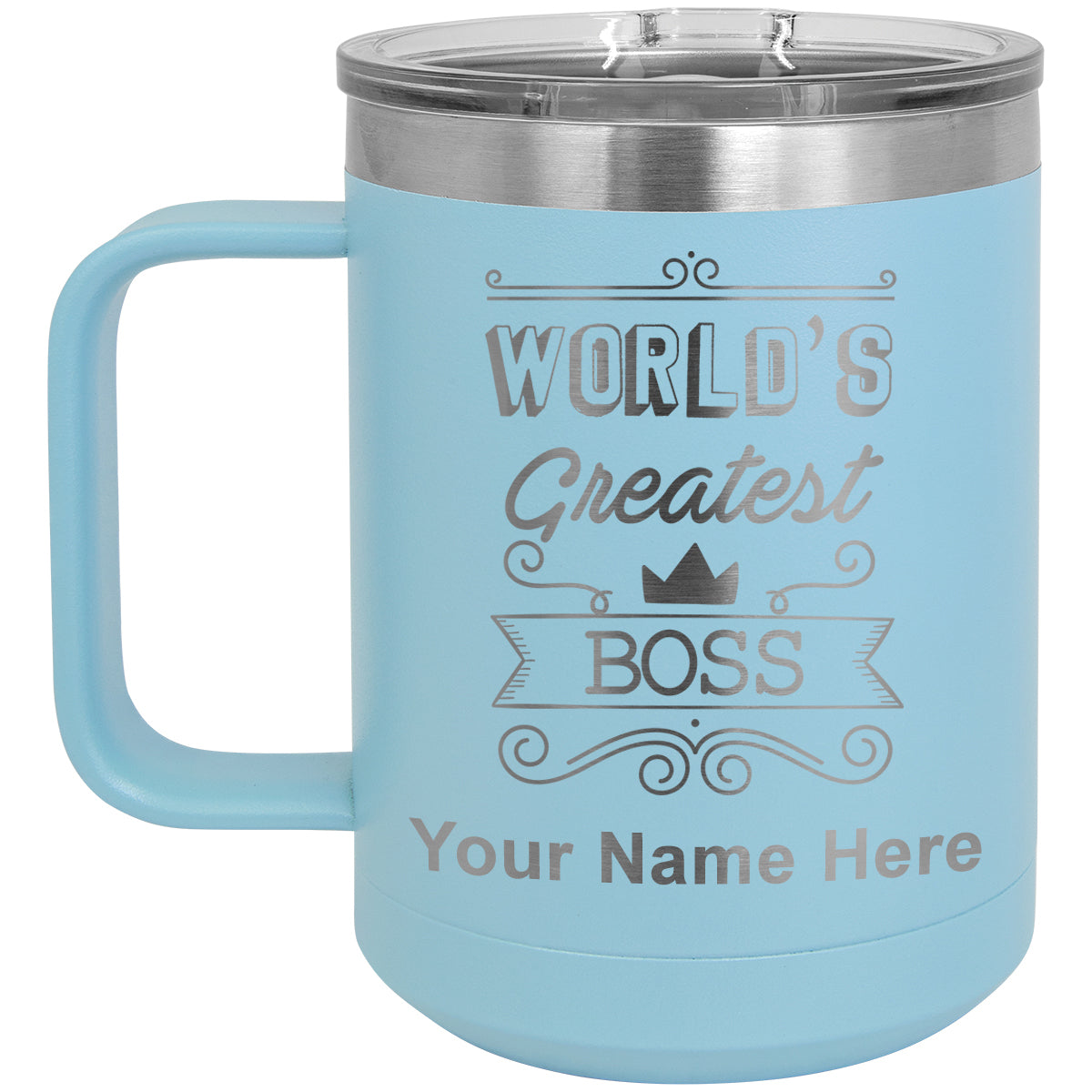 15oz Vacuum Insulated Coffee Mug, World's Greatest Boss, Personalized Engraving Included