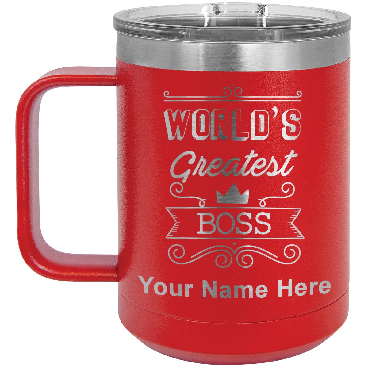 15oz Vacuum Insulated Coffee Mug, World's Greatest Boss, Personalized Engraving Included