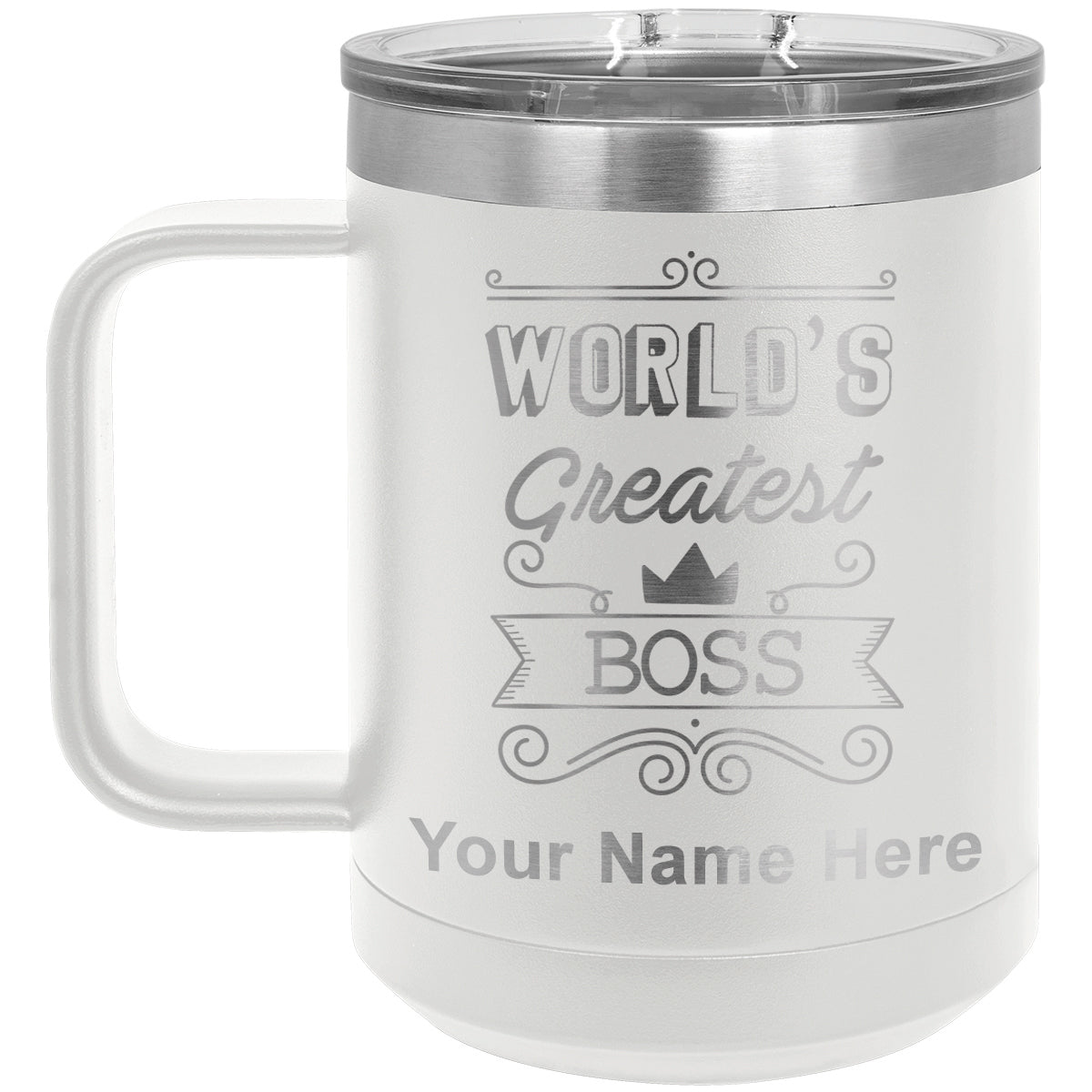 15oz Vacuum Insulated Coffee Mug, World's Greatest Boss, Personalized Engraving Included