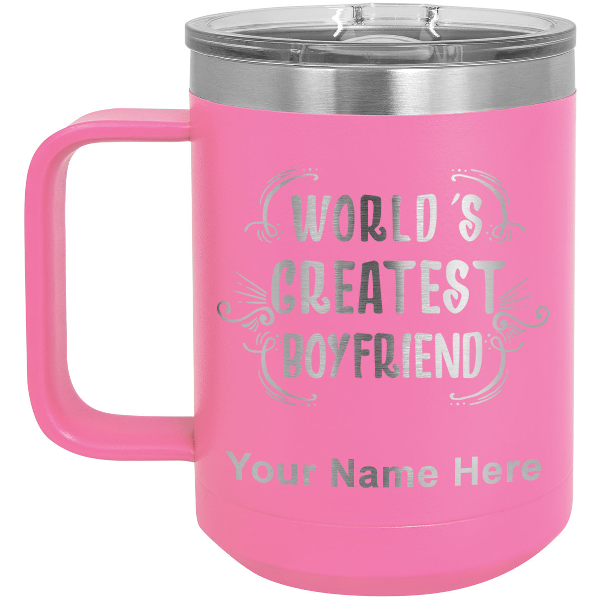15oz Vacuum Insulated Coffee Mug, World's Greatest Boyfriend, Personalized Engraving Included