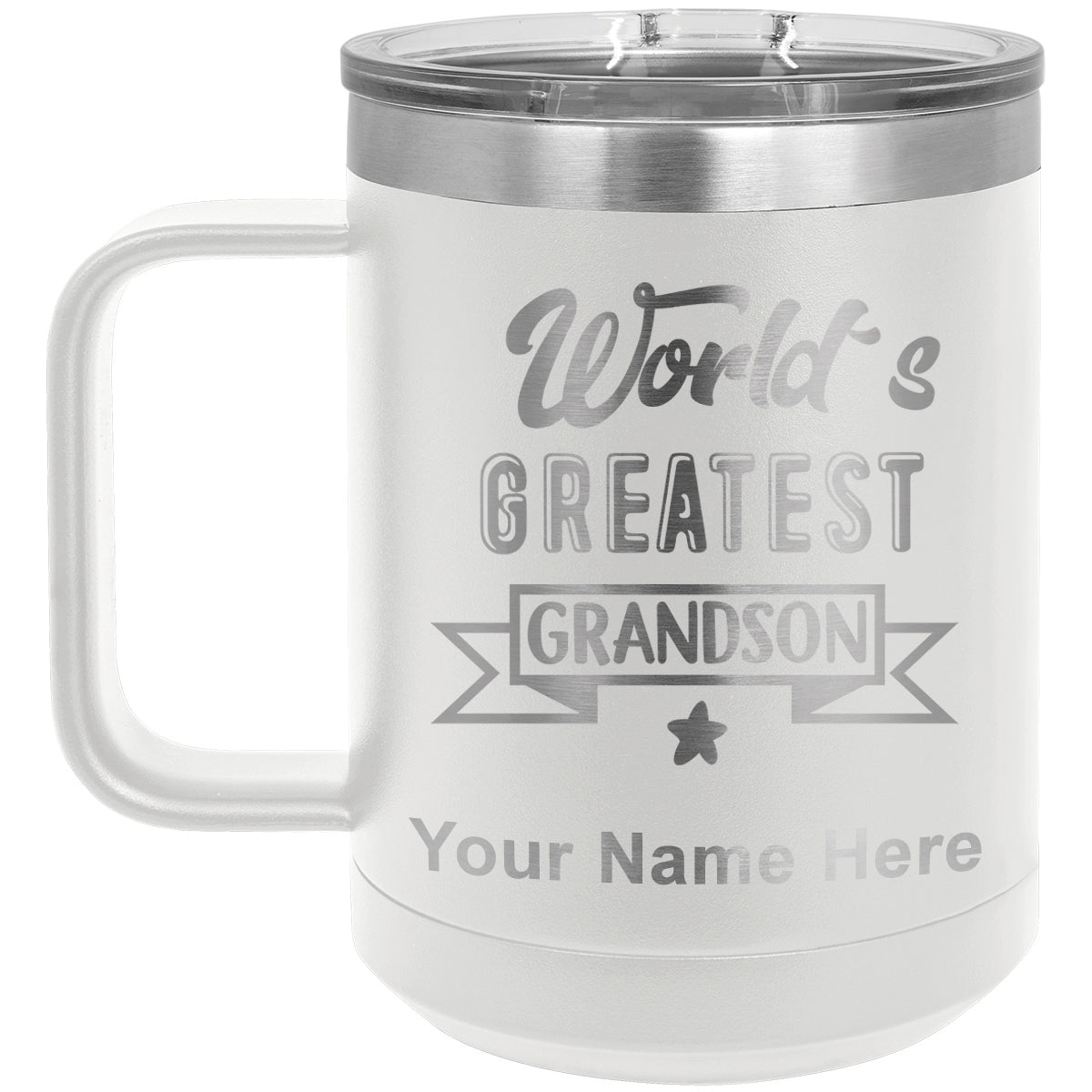 15oz Vacuum Insulated Coffee Mug, World's Greatest Grandson, Personalized Engraving Included