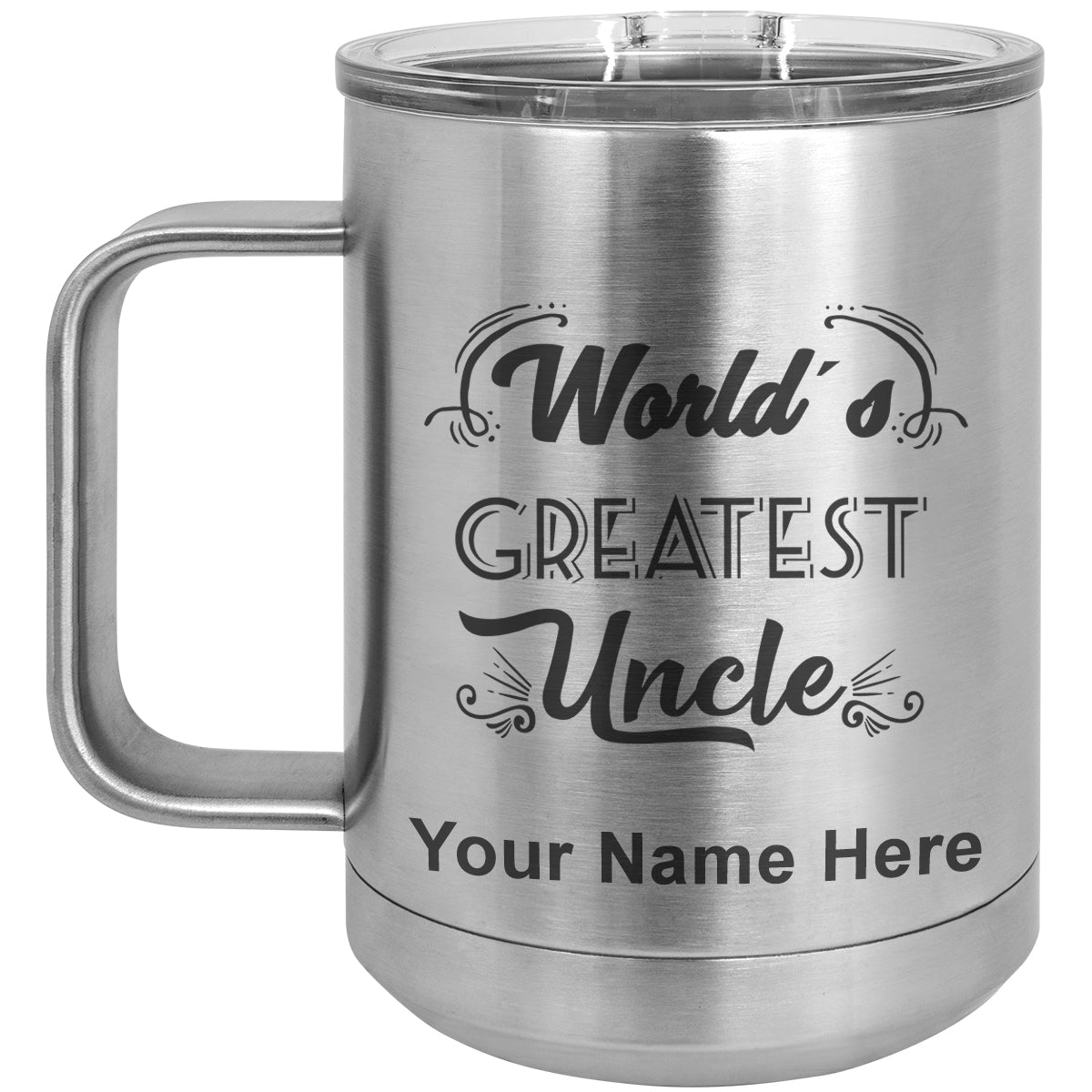 15oz Vacuum Insulated Coffee Mug, World's Greatest Uncle, Personalized Engraving Included