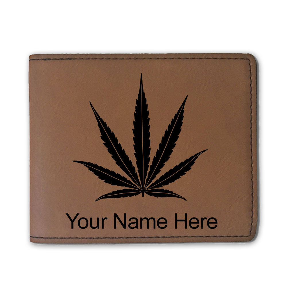 Faux Leather Bi-Fold Wallet, Marijuana leaf, Personalized Engraving Included