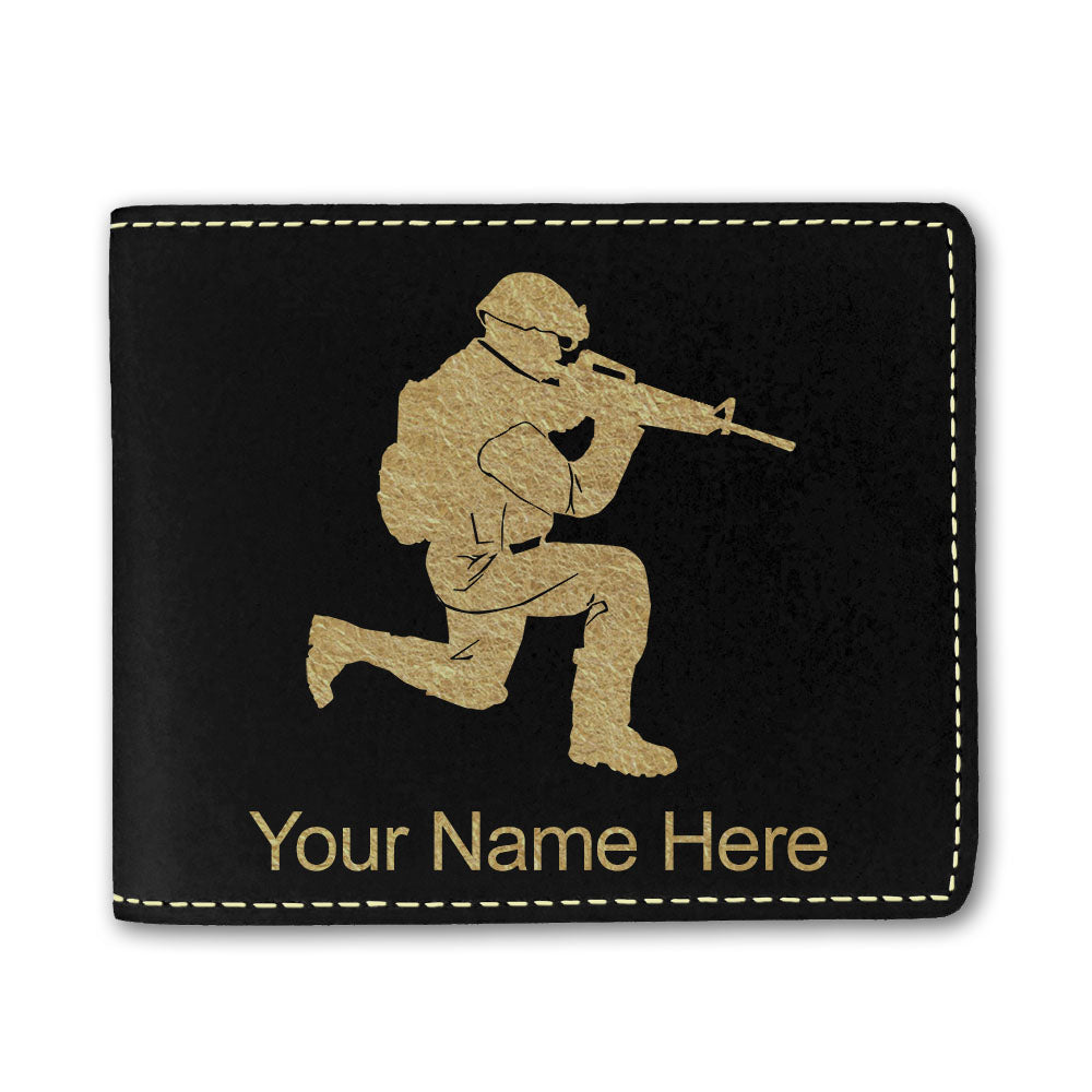 Faux Leather Bi-Fold Wallet, Military Soldier, Personalized Engraving Included