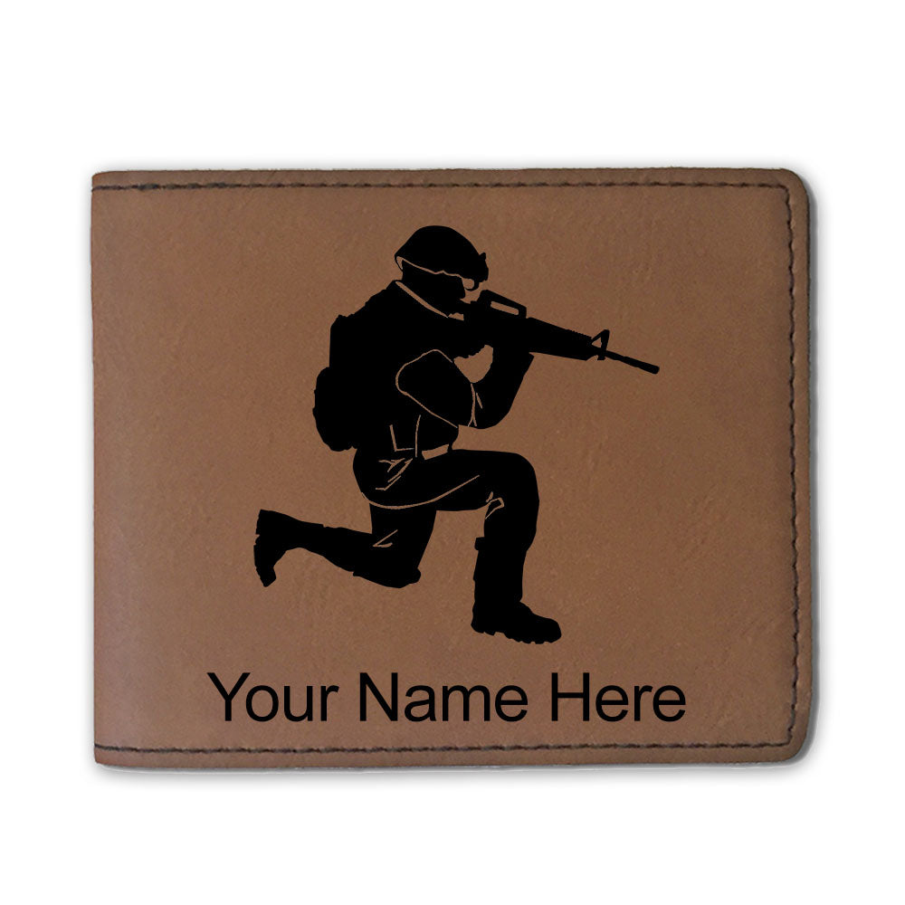 Faux Leather Bi-Fold Wallet, Military Soldier, Personalized Engraving Included