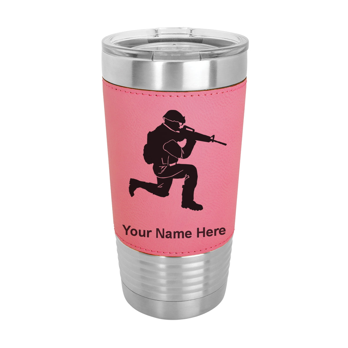 20oz Faux Leather Tumbler Mug, Military Soldier, Personalized Engraving Included - LaserGram Custom Engraved Gifts